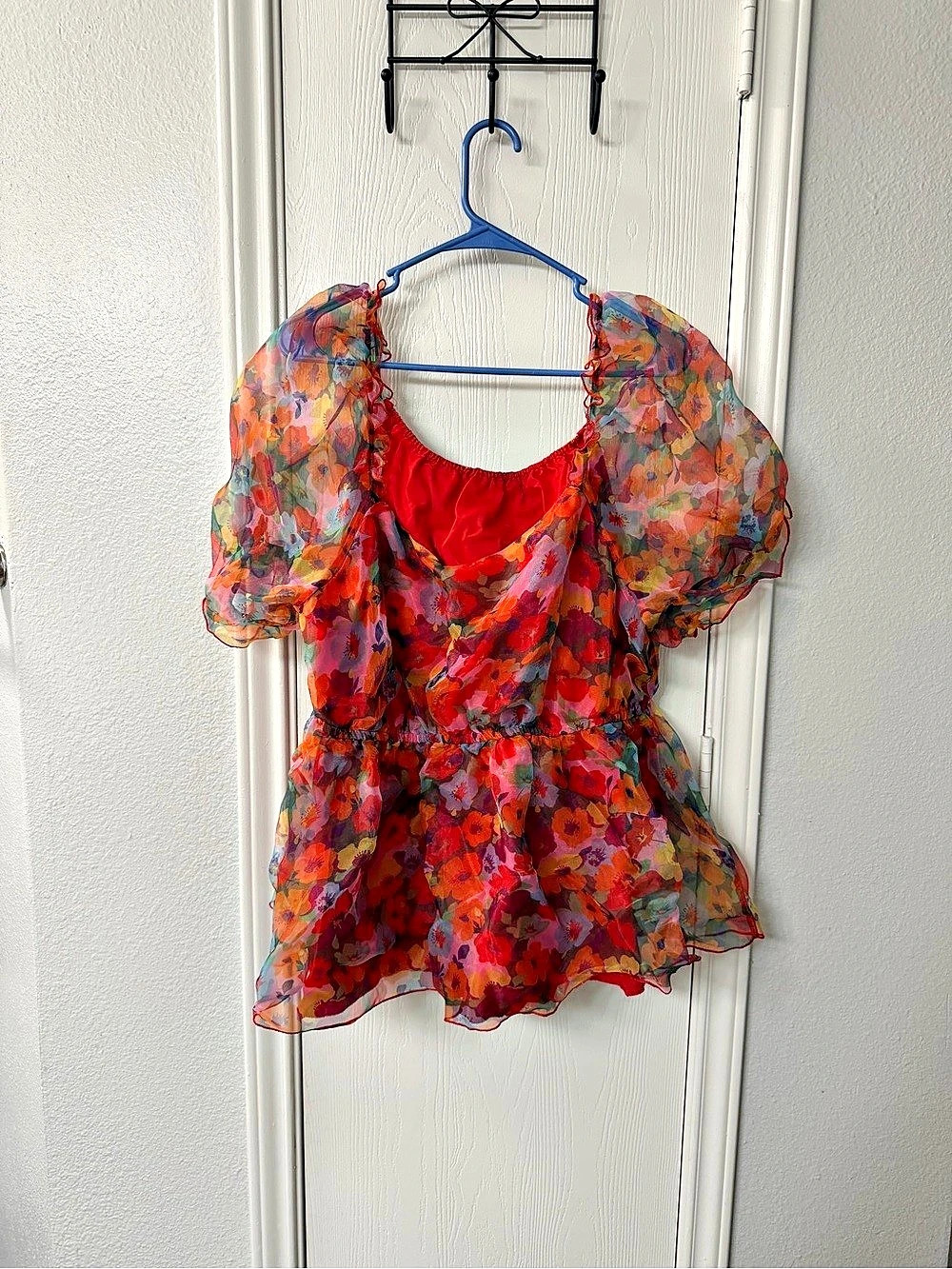 Floral Sheer Blouse in Red & Multicolor Like New